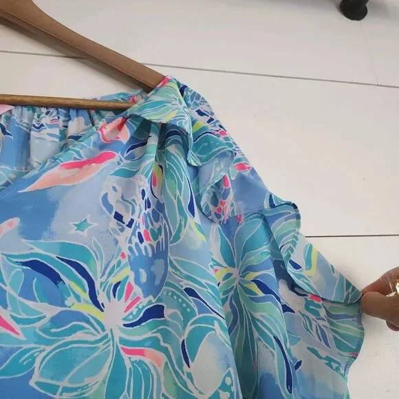 Lilly Pulitzer Elora Blouse Top Bennet Blue Celestial Seas Coastal Beachy Large - Picture 4 of 10